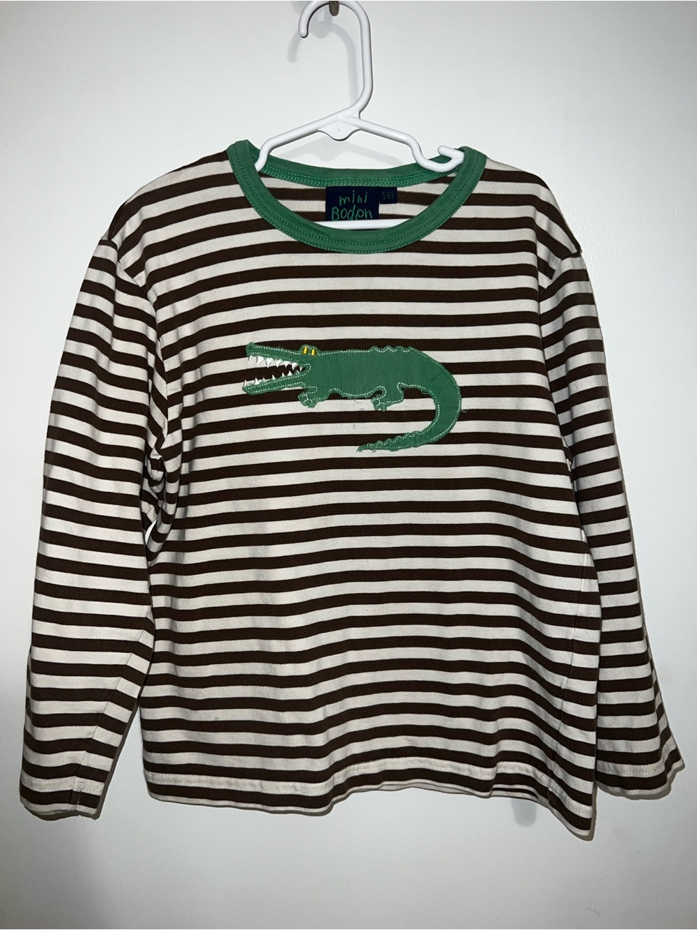 Mini Boden Brown and White Striped Long Sleeve Top with Green Crocodile Appliqué